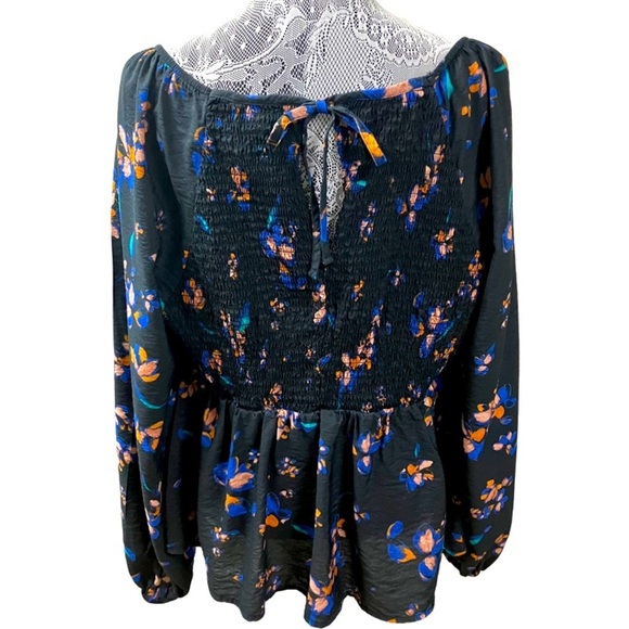 AVA & VIV Floral Peplum Blouse Women’s SZ 1X Black Long Sleeves Smock Tie - Picture 6 of 11